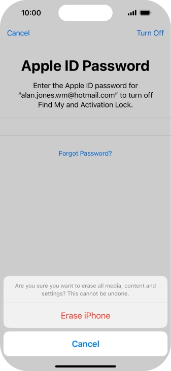 Key in the password for your Apple ID and press Erase iPhone. Wait a moment while the factory default settings are restored. Follow the instructions on the screen to set up your phone and prepare it for use.
