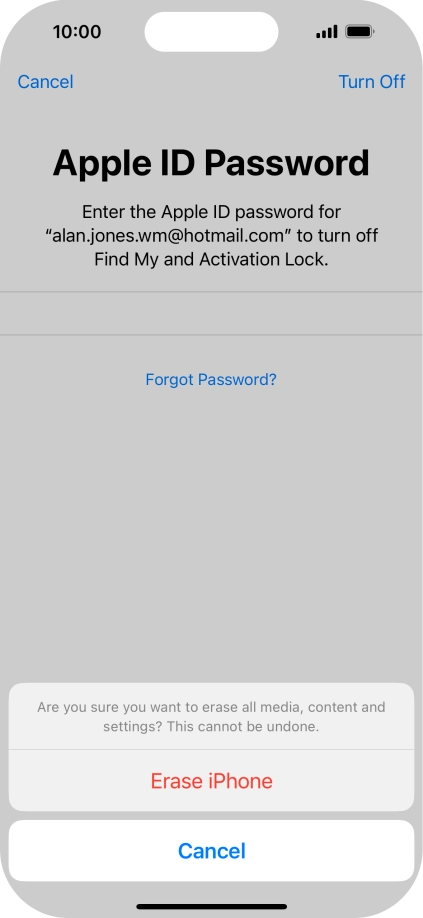Key in the password for your Apple ID and press Erase iPhone. Wait a moment while the factory default settings are restored. Follow the instructions on the screen to set up your phone and prepare it for use.