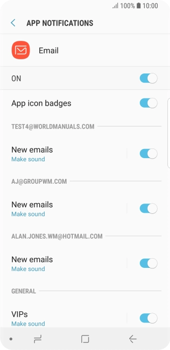 Press the indicator below the required email account to turn the function on or off.
