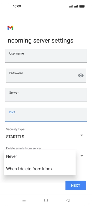 Press Never to keep email messages on the server when you delete them on your phone.