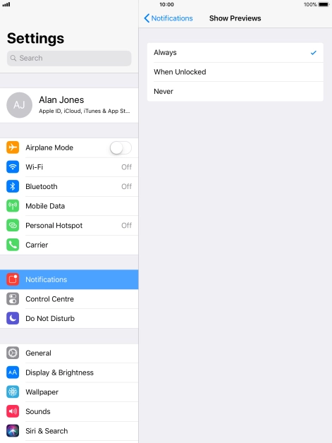 To select notification preview on the lock screen, press Always.
