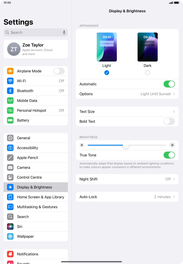 If you turn on the function, press Options and follow the instructions on the screen to select the required period of time for Dark Mode.