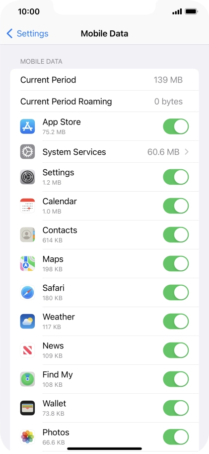 Press the indicators next to the required applications to turn the function on or off.