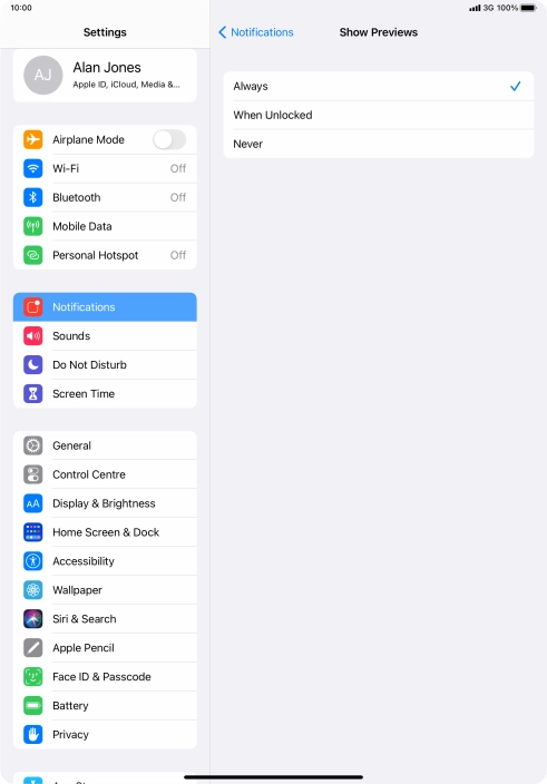 To select notification preview on the lock screen, press Always.