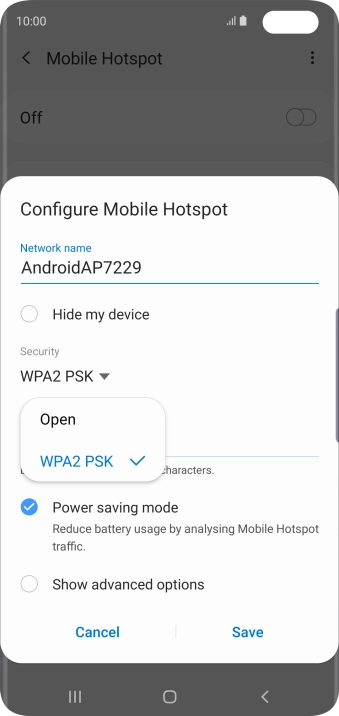 Press WPA2 PSK to password protect your Wi-Fi hotspot.