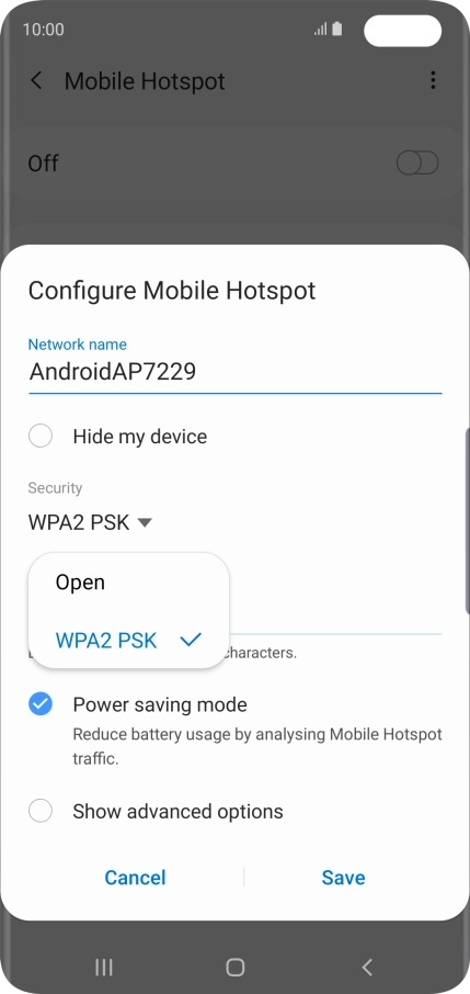 Press WPA2 PSK to password protect your Wi-Fi hotspot.