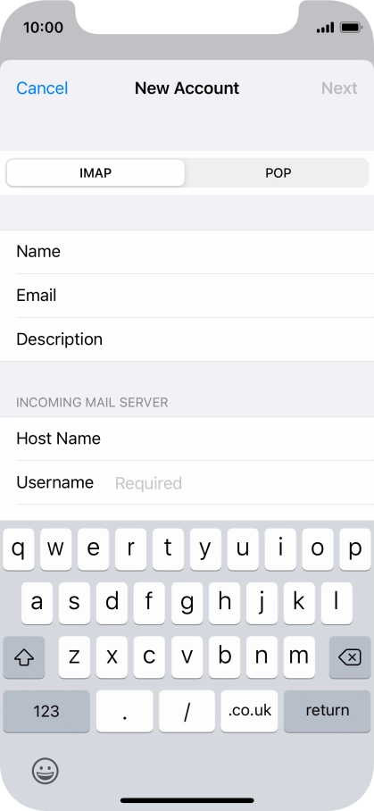Press Username and key in the username for your email account.