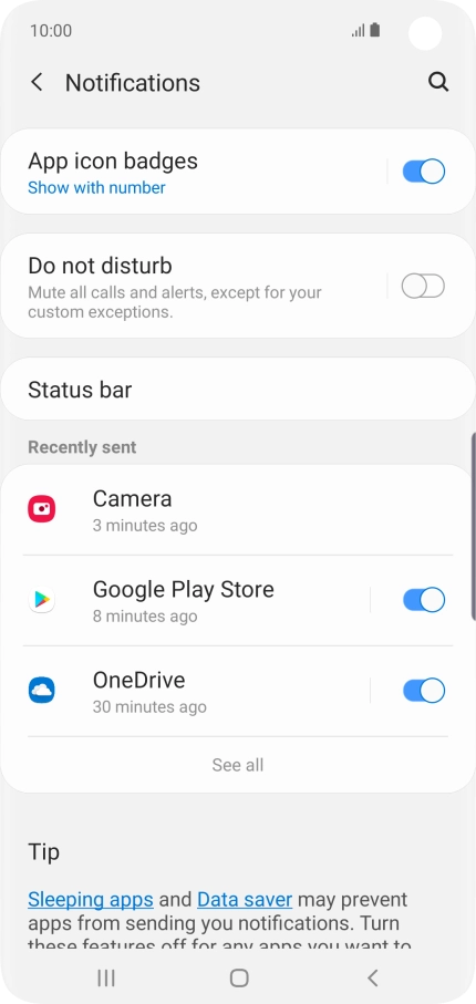 Press the indicator next to the required app to turn the function on or off.