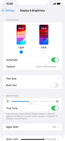 If you turn on the function, press Options and follow the instructions on the screen to select the required period of time for Dark Mode.