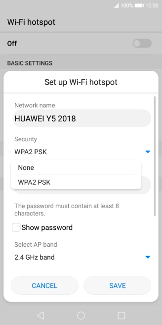 Press WPA2 PSK to password protect your Wi-Fi hotspot.