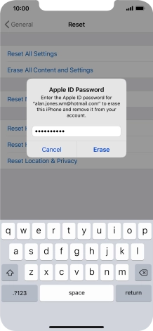Key in the password for your Apple ID and press Erase. Wait a moment while the factory default settings are restored. Follow the instructions on the screen to set up your phone and prepare it for use.