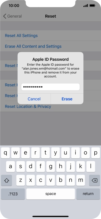 Key in the password for your Apple ID and press Erase. Wait a moment while the factory default settings are restored. Follow the instructions on the screen to set up your phone and prepare it for use.