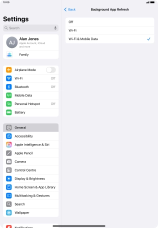 To turn off background refresh of apps, press Off.