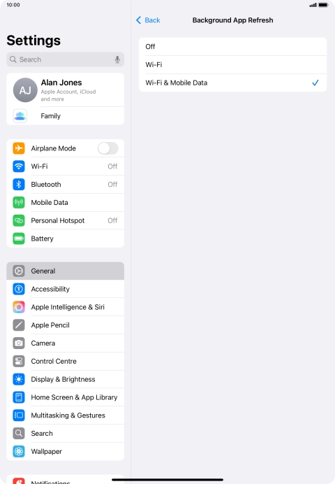 To turn off background refresh of apps, press Off.