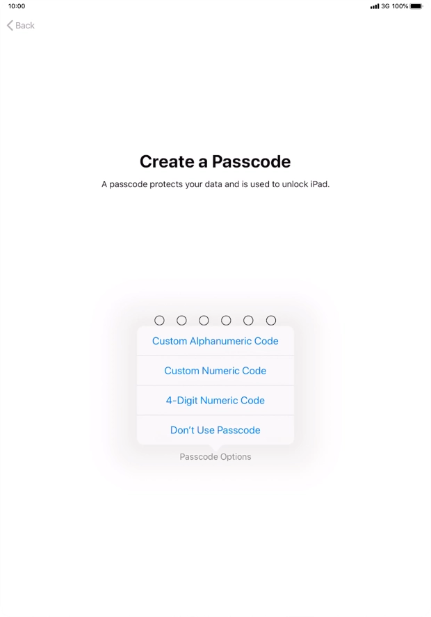 Follow the instructions on the screen to turn on use of lock code or press Don't Use Passcode.