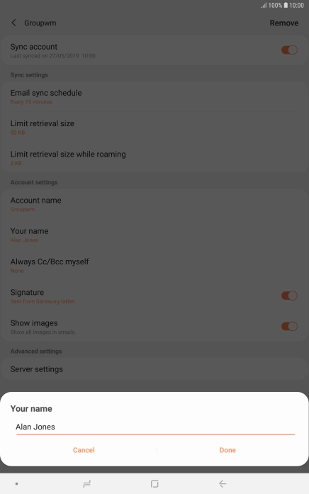 Key in the required sender name and press Done.