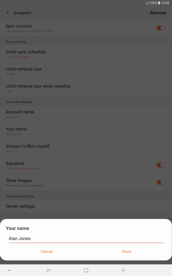 Key in the required sender name and press Done.