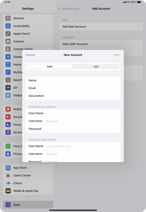 Press Username and key in the username for your email account.
