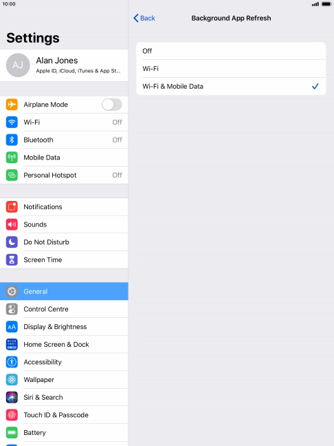 To turn off background refresh of apps, press Off.