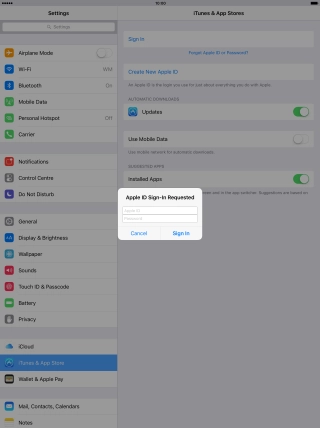Press Apple ID and key in the username for your Apple ID.