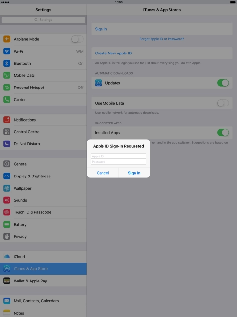 Press Apple ID and key in the username for your Apple ID.