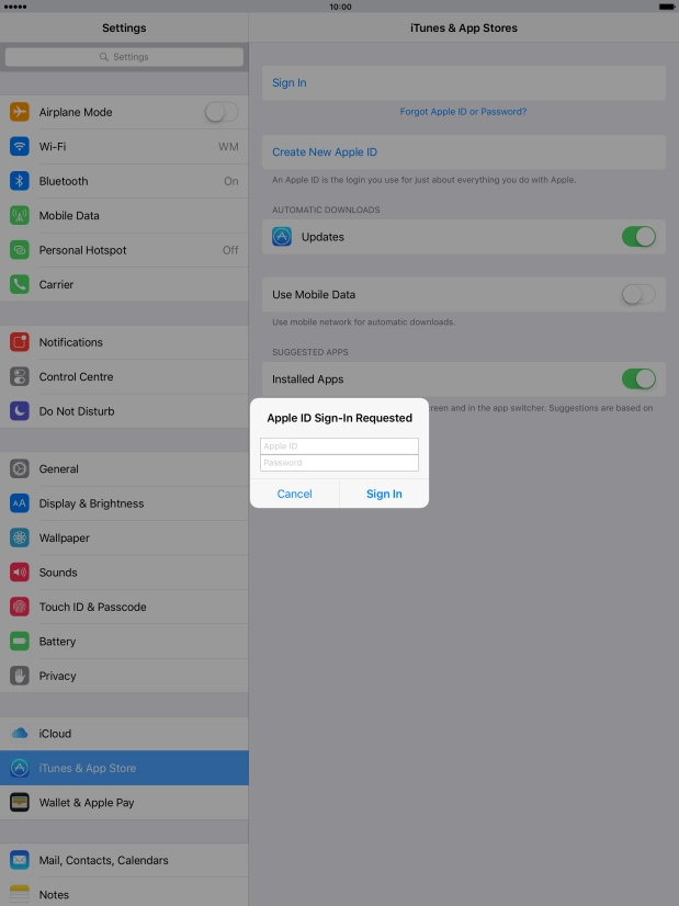 Press Apple ID and key in the username for your Apple ID.