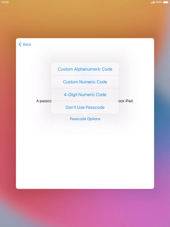 Follow the instructions on the screen to turn on use of lock code or press Don't Use Passcode.