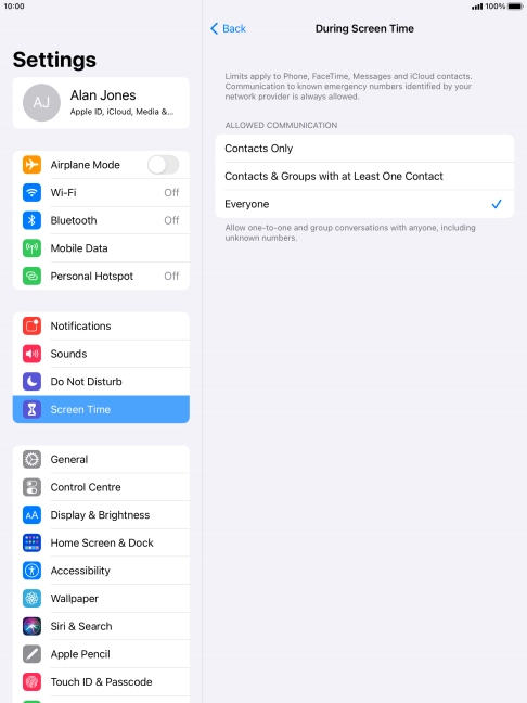 Press the required setting.