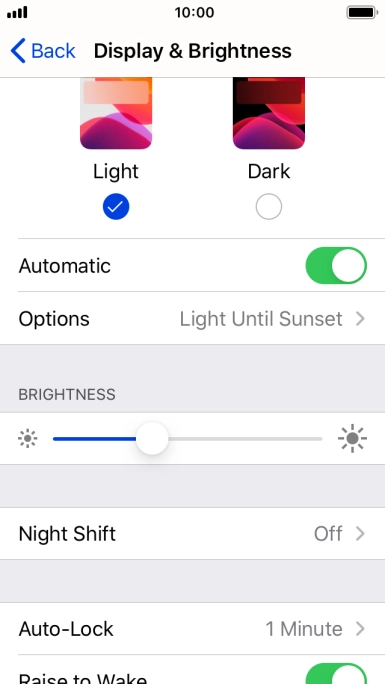 If you turn on the function, press Options and follow the instructions on the screen to select the required period of time for Dark Mode.