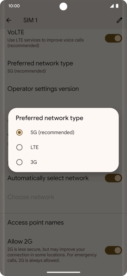 Press the required network mode.