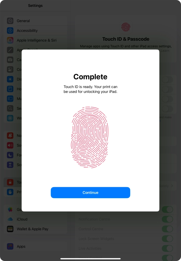 Press Continue. If you haven't previously selected a lock code, key in a code of your own choice twice.