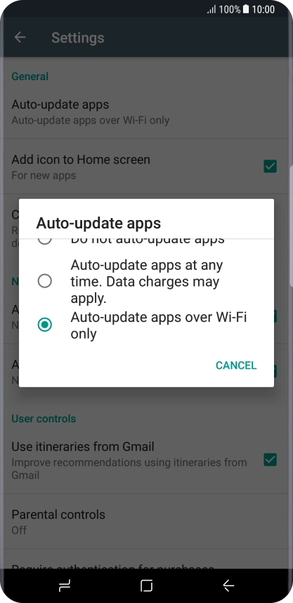 Press Auto-update apps over Wi-Fi only to turn on the function.