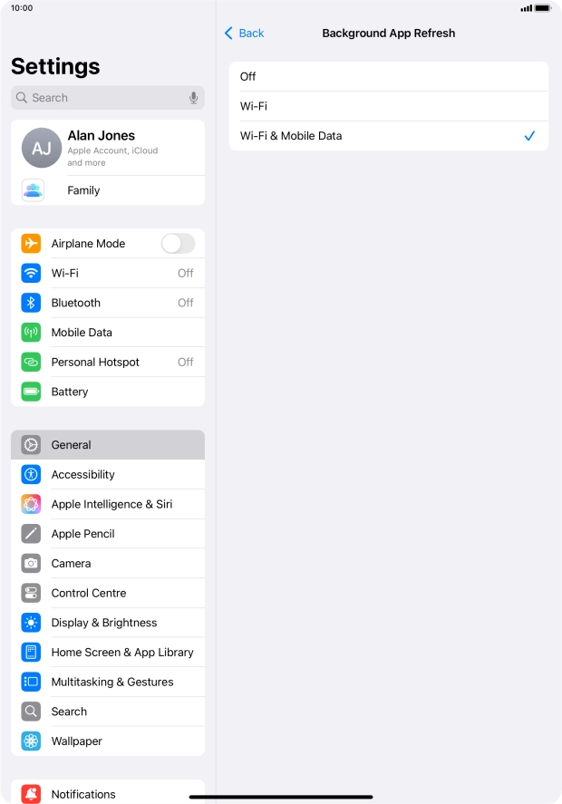 To turn off background refresh of apps, press Off.