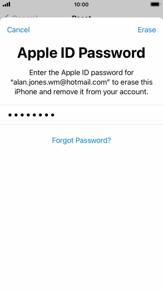 Key in the password for your Apple ID and press Erase. Wait a moment while the factory default settings are restored. Follow the instructions on the screen to set up your phone and prepare it for use.