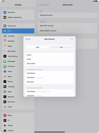 Press Username and key in the username for your email account.