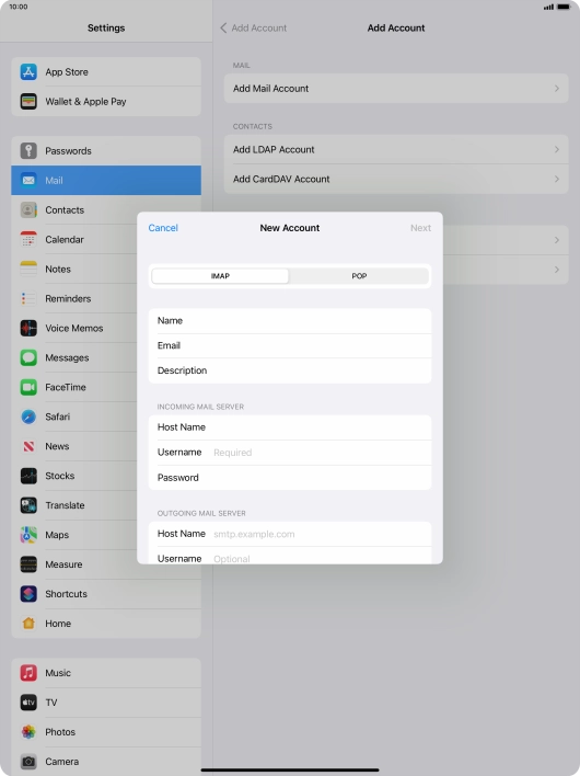 Press Username and key in the username for your email account.