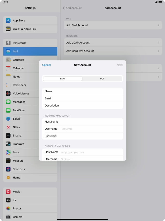 Press Username and key in the username for your email account.