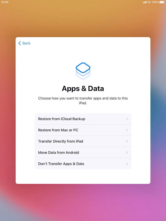 You can restore content from an iCloud backup when your tablet is activated for the first time and after a factory reset. When this screen is displayed, your tablet is ready to restore content from an iCloud backup.
