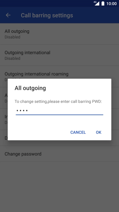 Key in your barring password and press OK. The default barring password is 0000.