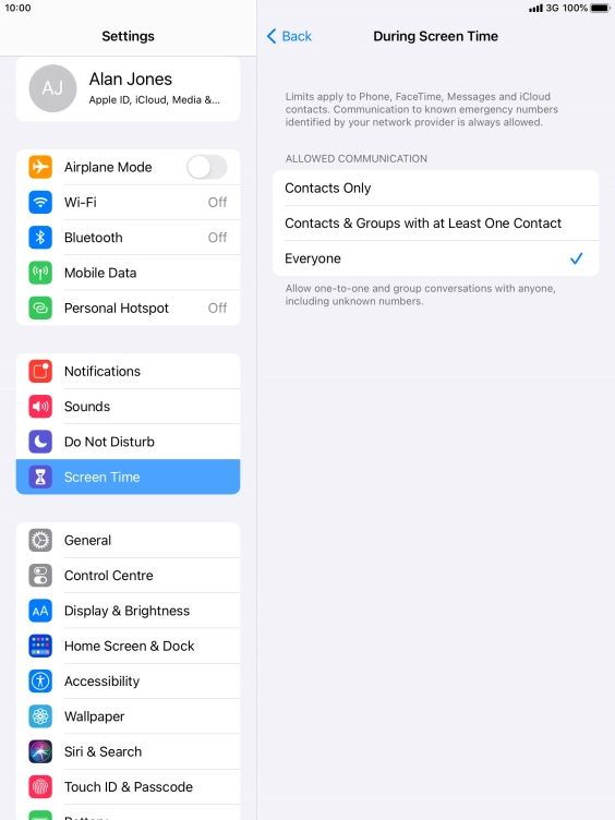 Press the required setting.