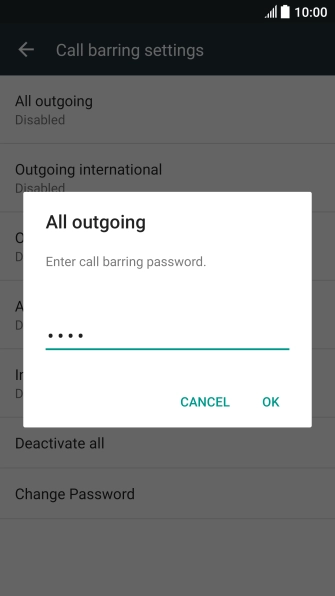 Key in your barring password and press OK. The default barring password is 0000.