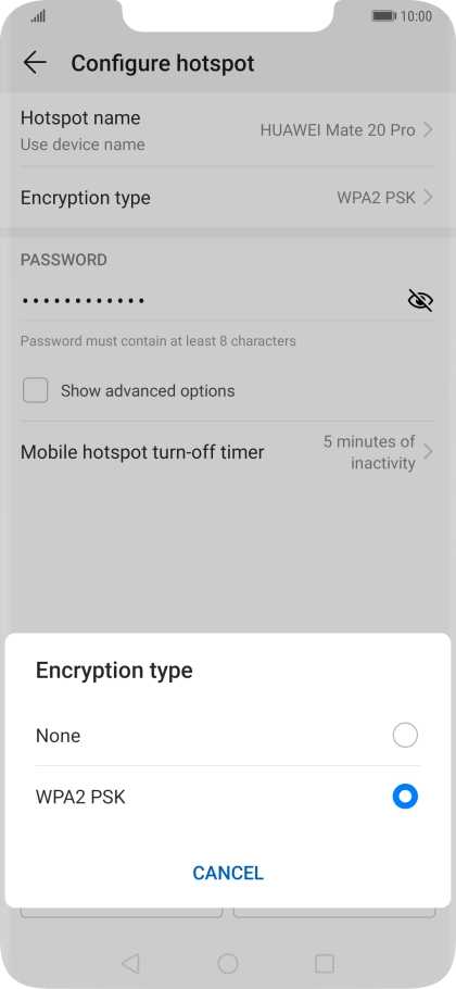 Press WPA2 PSK to password protect your Wi-Fi hotspot.