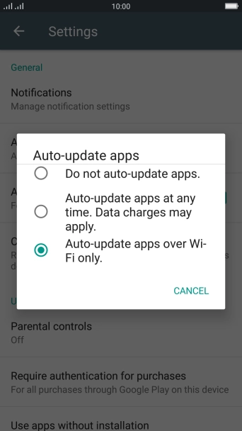 To turn on automatic update of apps using Wi-Fi, press Auto-update apps over Wi-Fi only..