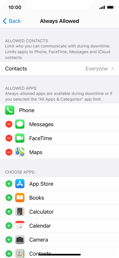 Press the add icon next to the required app to add it to the list of allowed apps during Downtime.