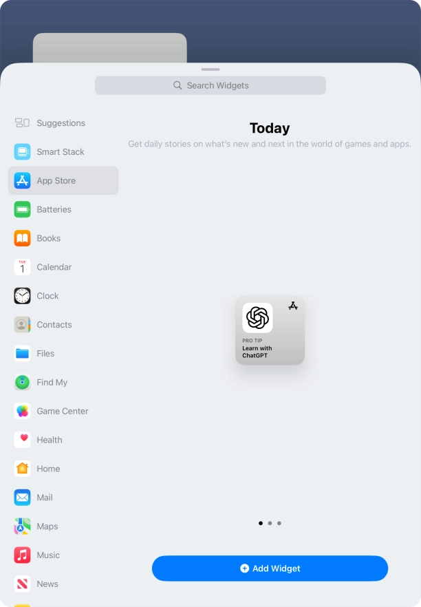 Slide your finger right or left on the screen to select the required widget size.