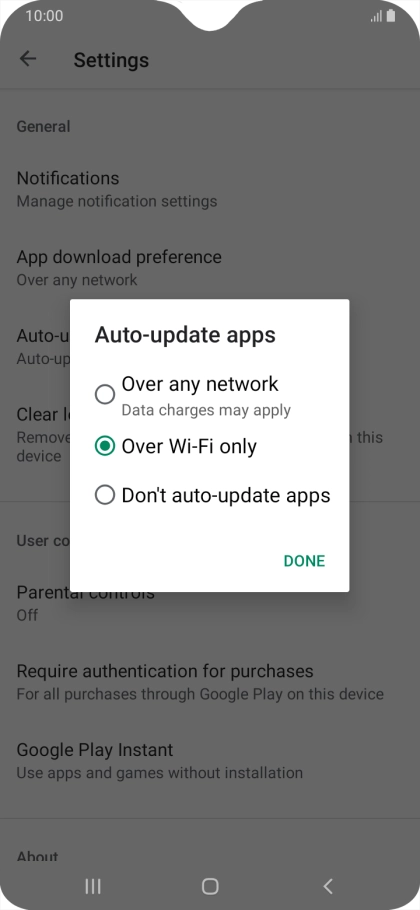To turn on automatic update of apps using mobile network, press Over any network.