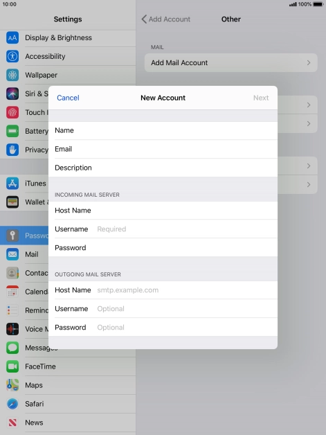 Press Username and key in the username for your email account.