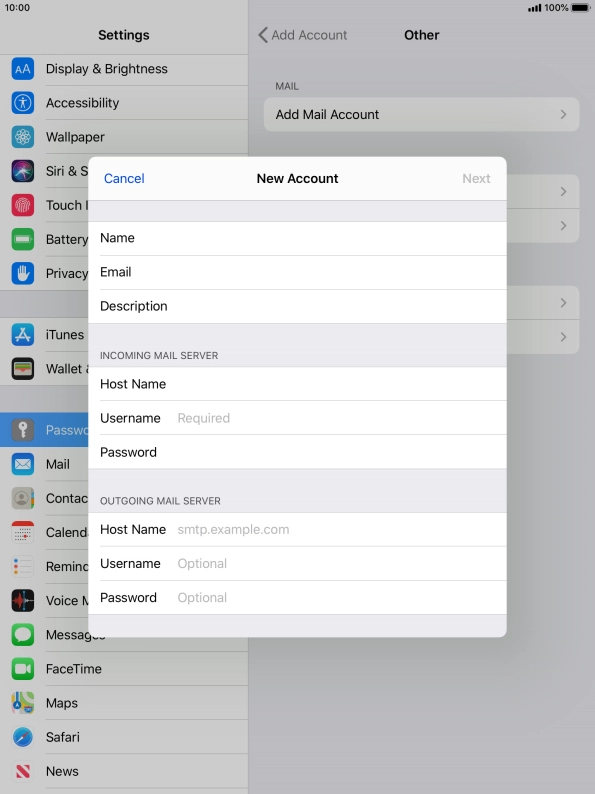 Press Username and key in the username for your email account.