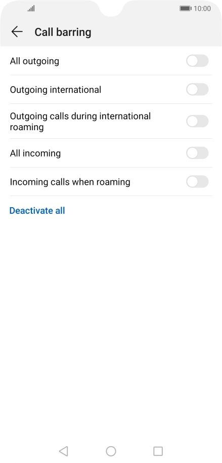 Press the indicator next to the required barring type to turn the function on or off.