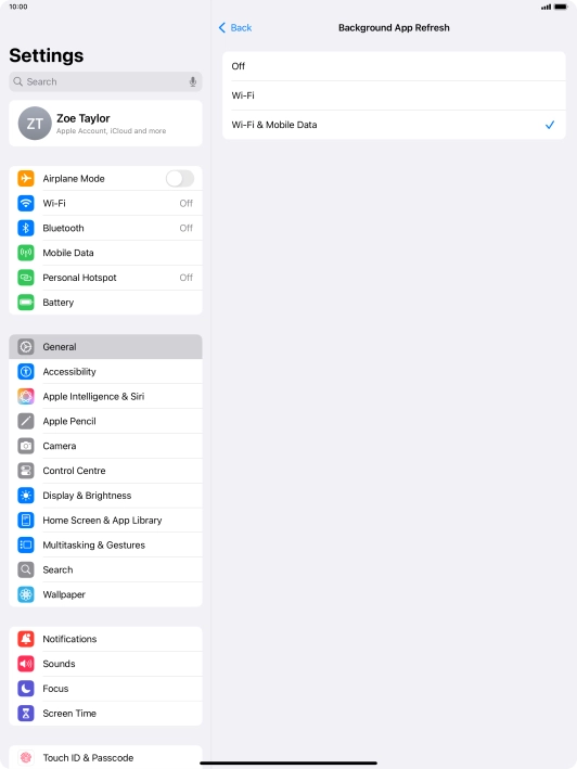 To turn off background refresh of apps, press Off.